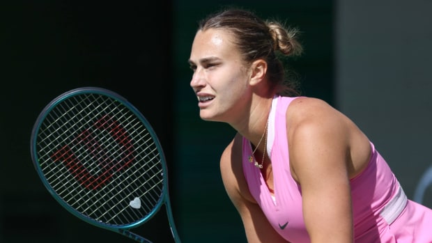Belarusian tennis player Aryna Sabalenka competes at the 2024 Indian Wells Open.